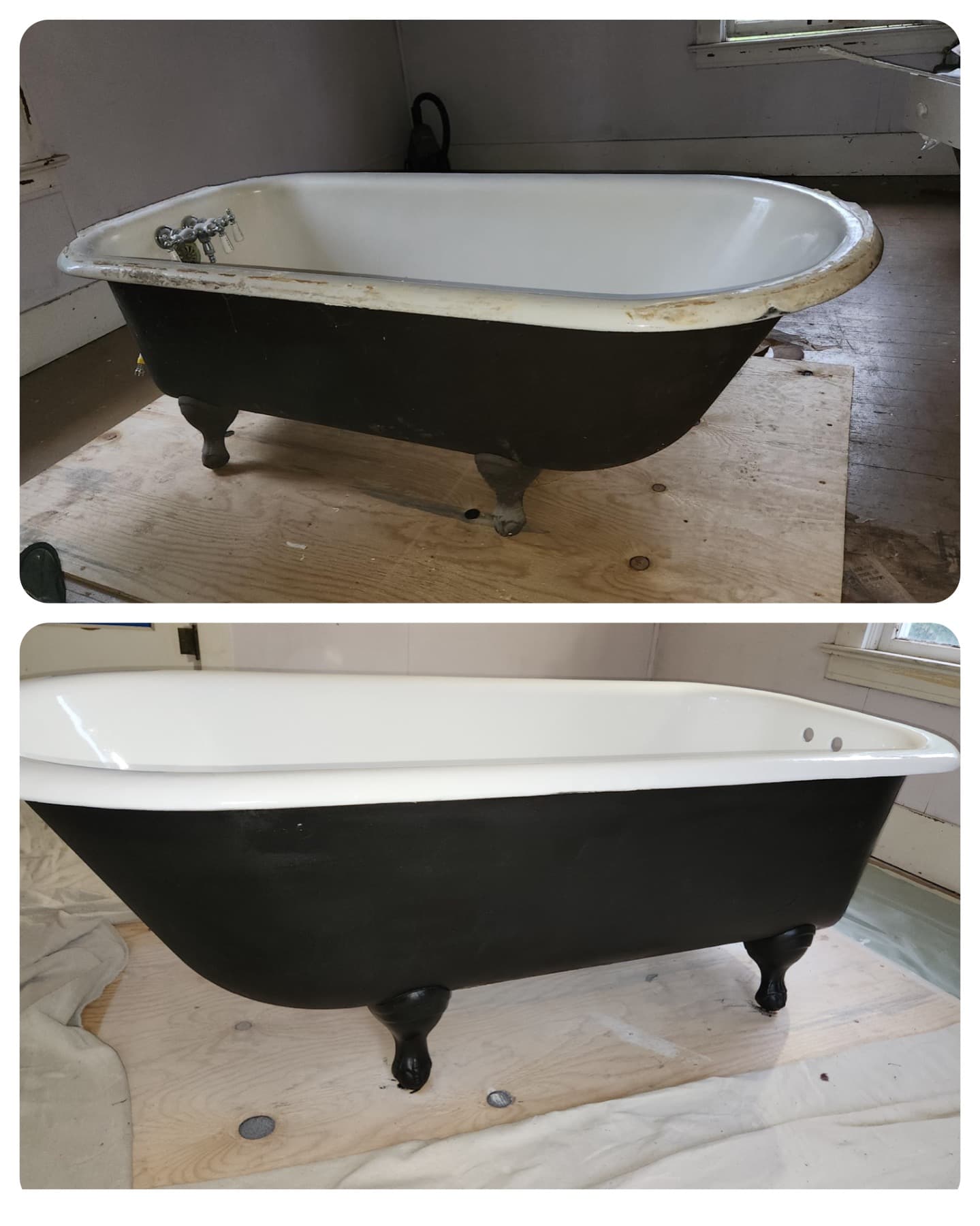 Refinished white clawfoot tub with black exterior