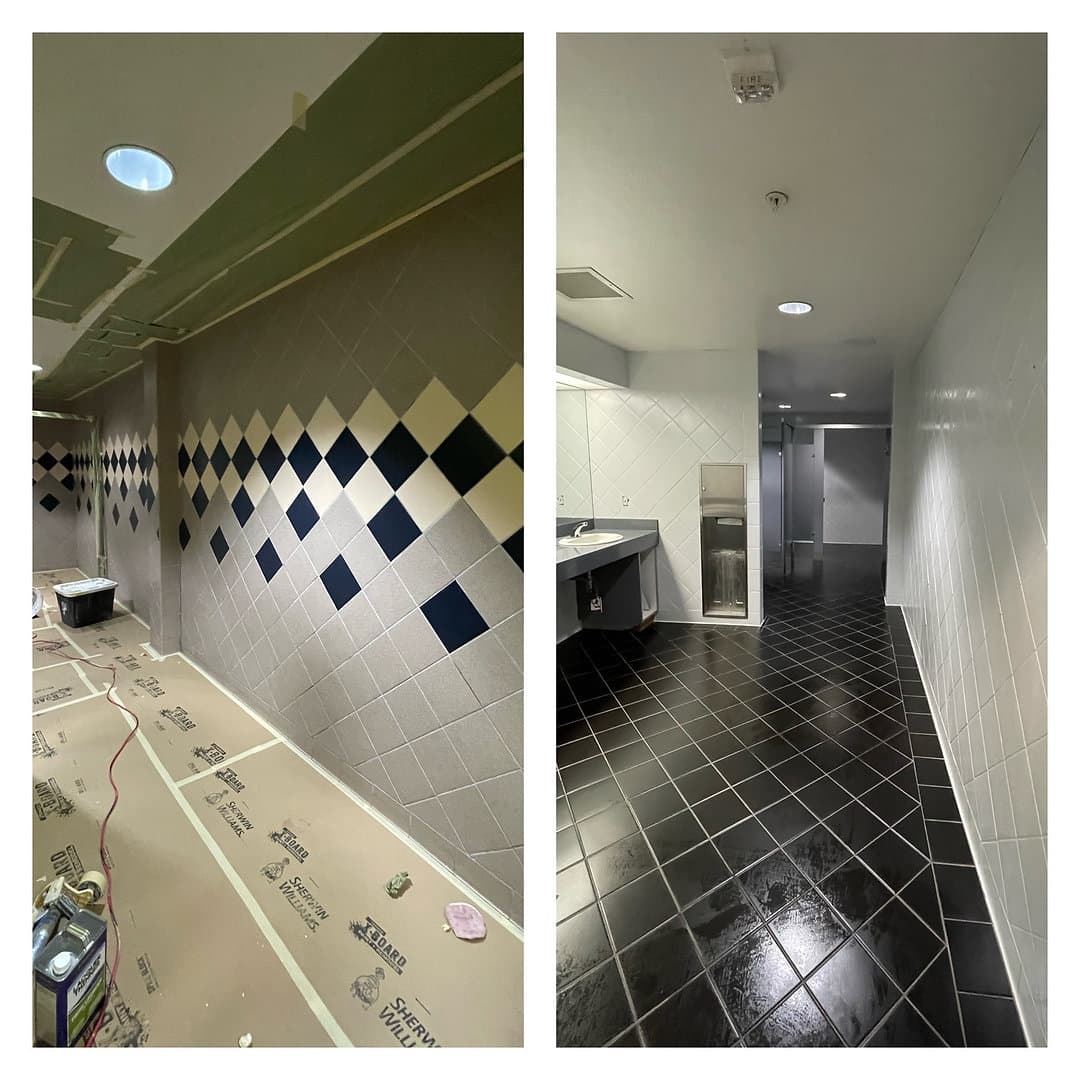 Commercial restroom diamond-pattern tile wall masked for refinishing beside the finished restroom with glossy refinished black tile floor