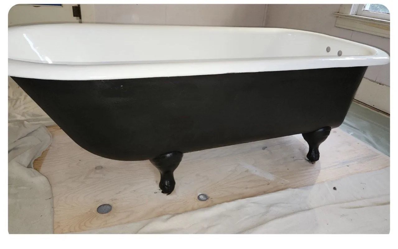 After: Worn clawfoot tub with a grime ring before refinishing beside the same clawfoot refinished in white