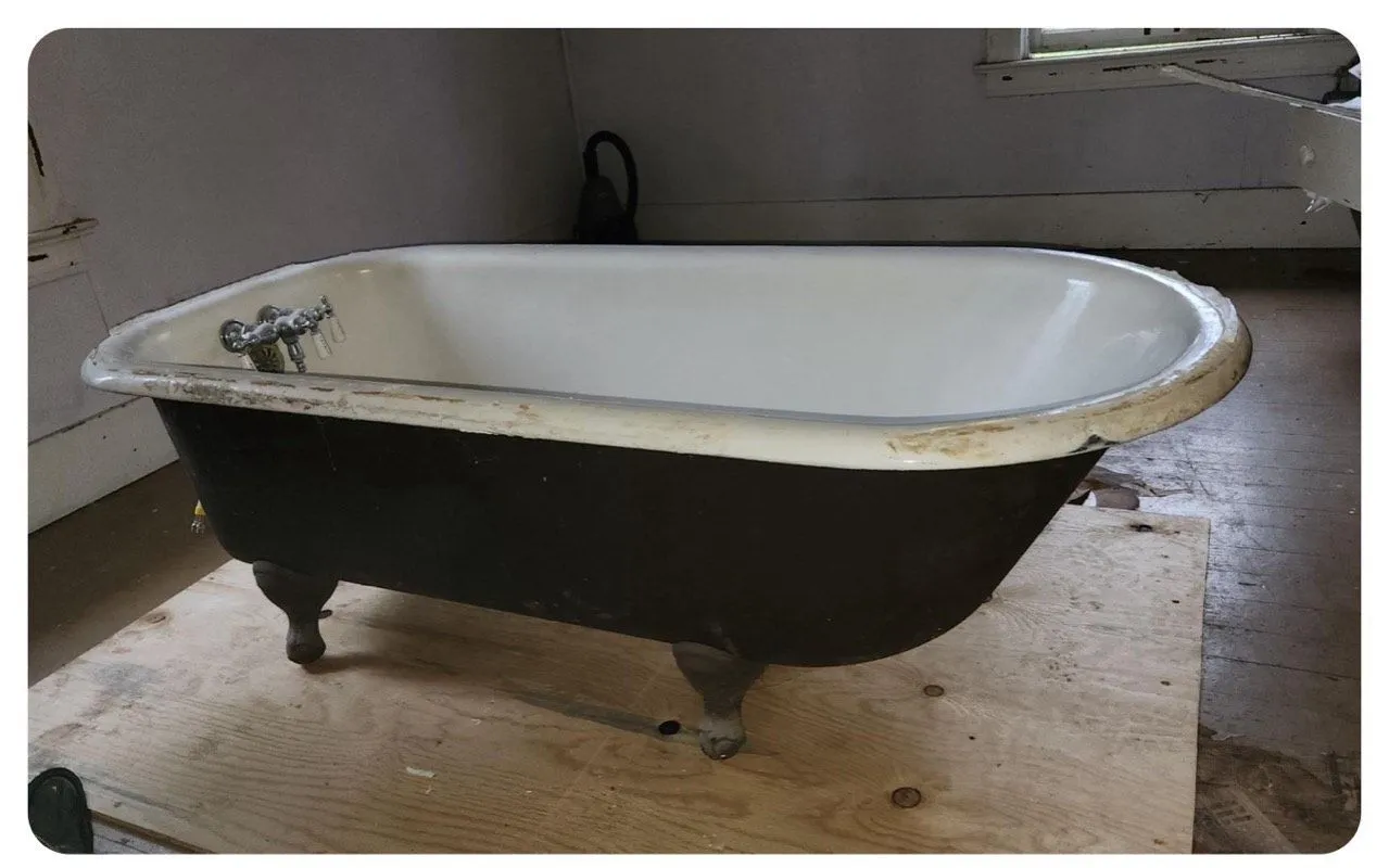Before: Worn clawfoot tub with a grime ring before refinishing beside the same clawfoot refinished in white