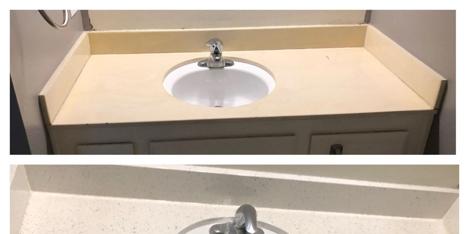 Before: Yellowed dated vanity counter and sink before refinishing beside the refinished speckled counter