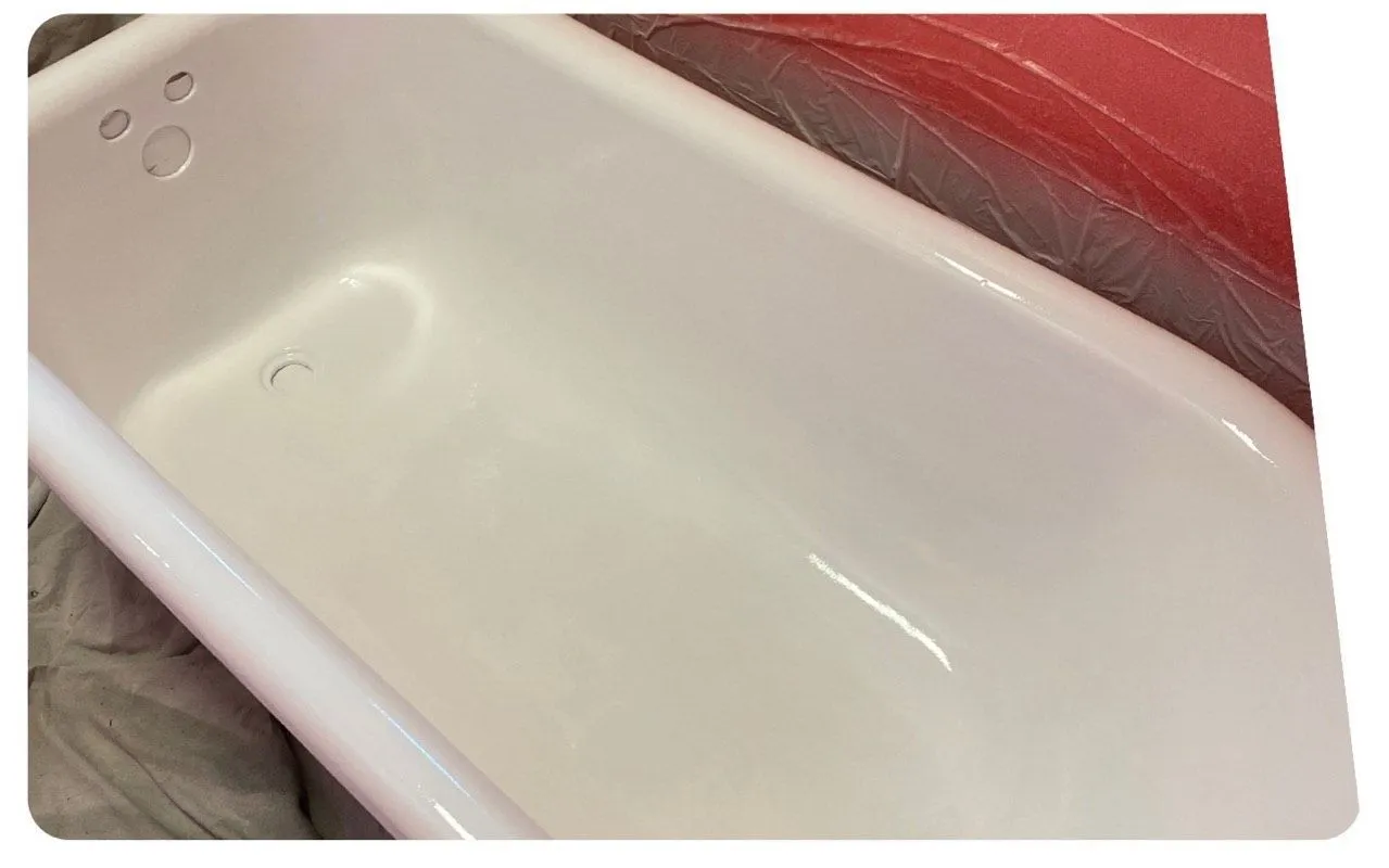 After: Brown stained and worn tub interior before refinishing beside the same tub refinished in clean white