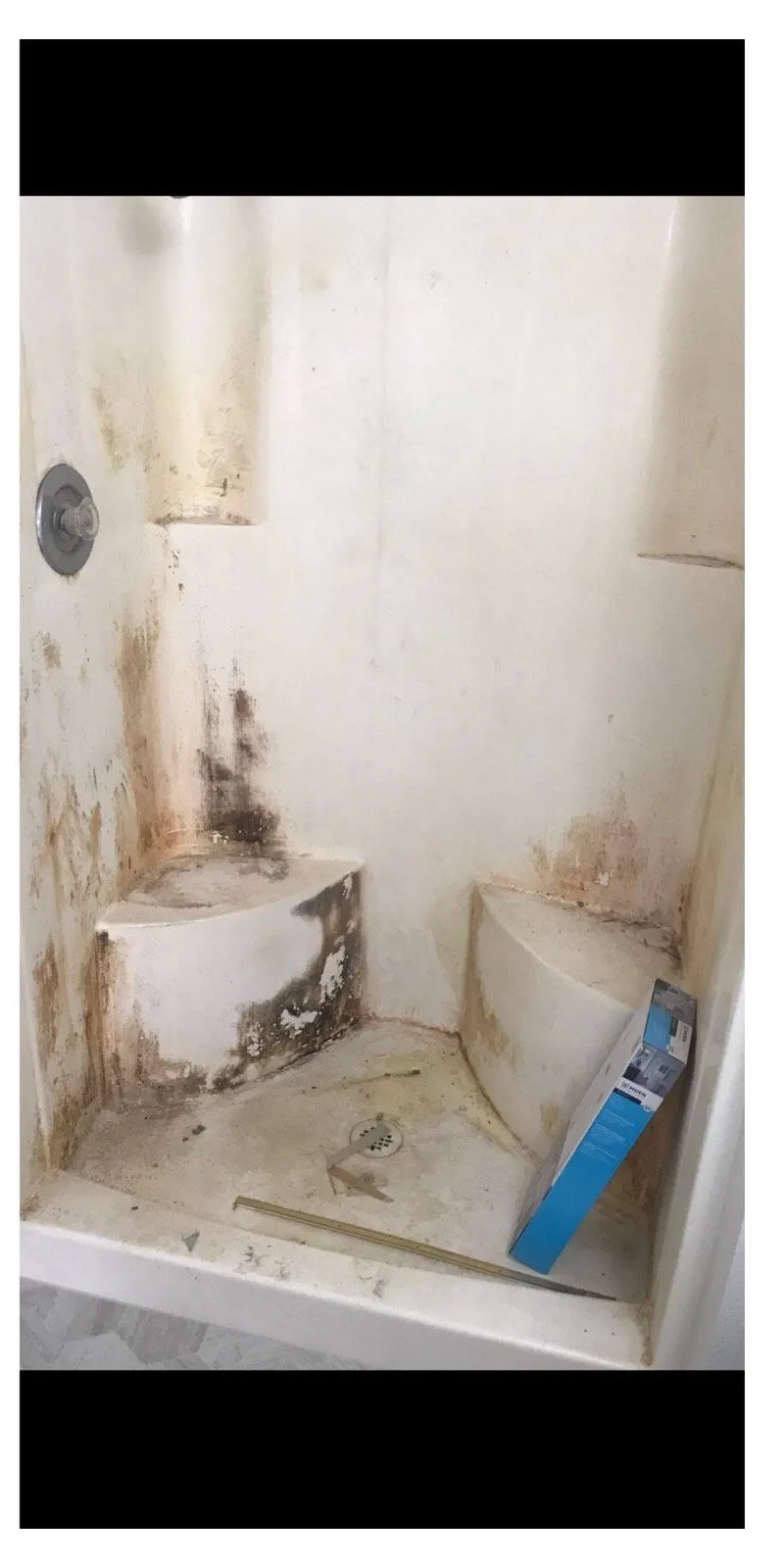Before: Mold damaged shower and surround before refinishing beside the same shower refinished in clean white