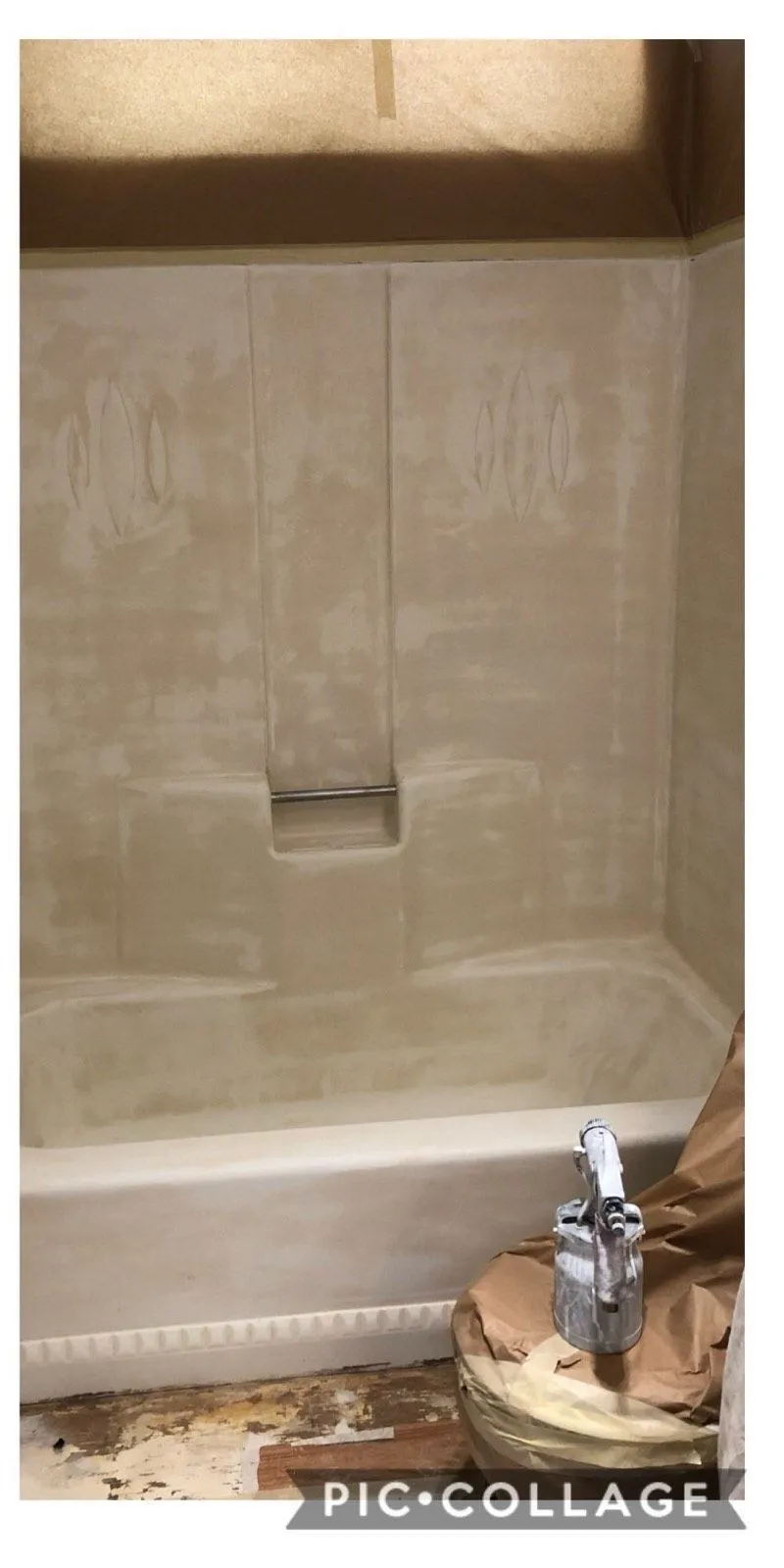 Before: Dull hazy shower wall before refinishing beside the same wall refinished in gloss white