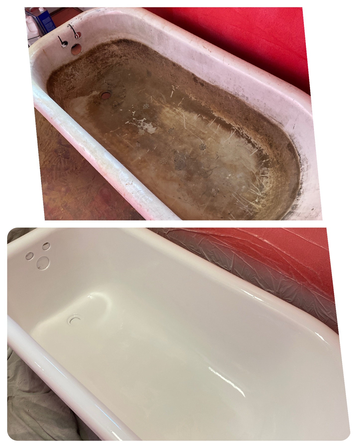 Heavily stained cast iron tub before and after reglazing