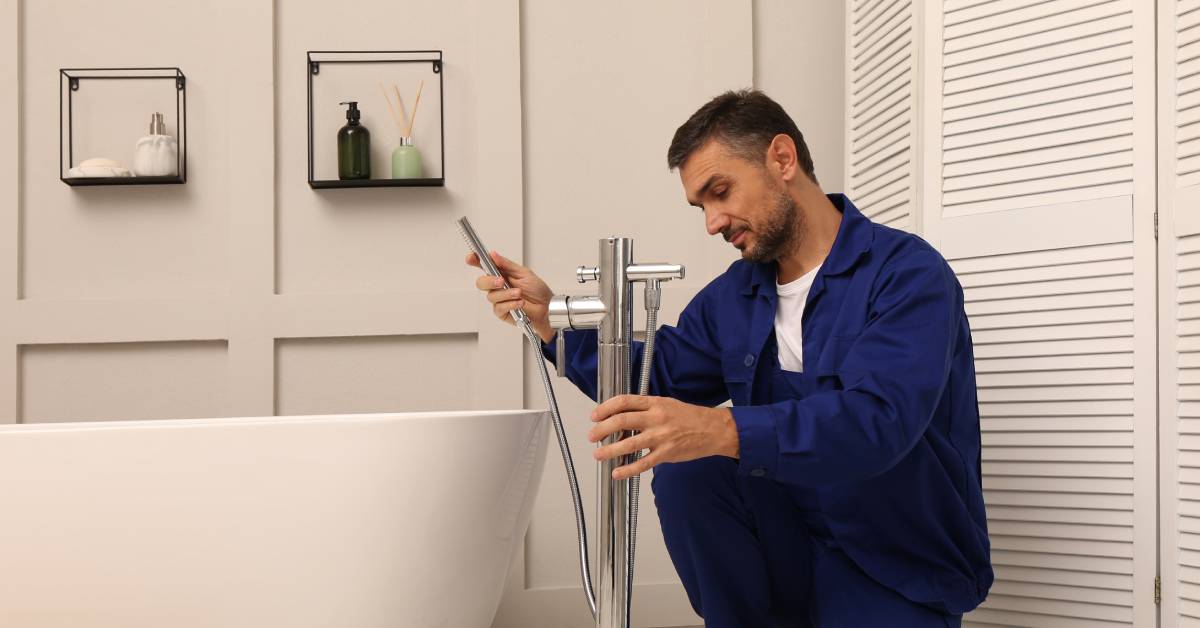 Closeup of a professional dressed in blue installing the water tap of a new freestanding luxury bathtub.